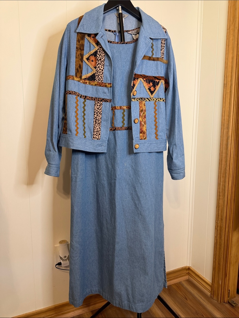 90’s Wearable Art, Blue Denim Maxi Dress w/Matching Jacket Leopard Accents